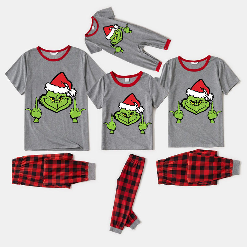 Christmas Cartoon Smile Face Wearing Christmas Hat Print Family Matching Raglan Short-sleeve Top Long Pants Pajamas Sets