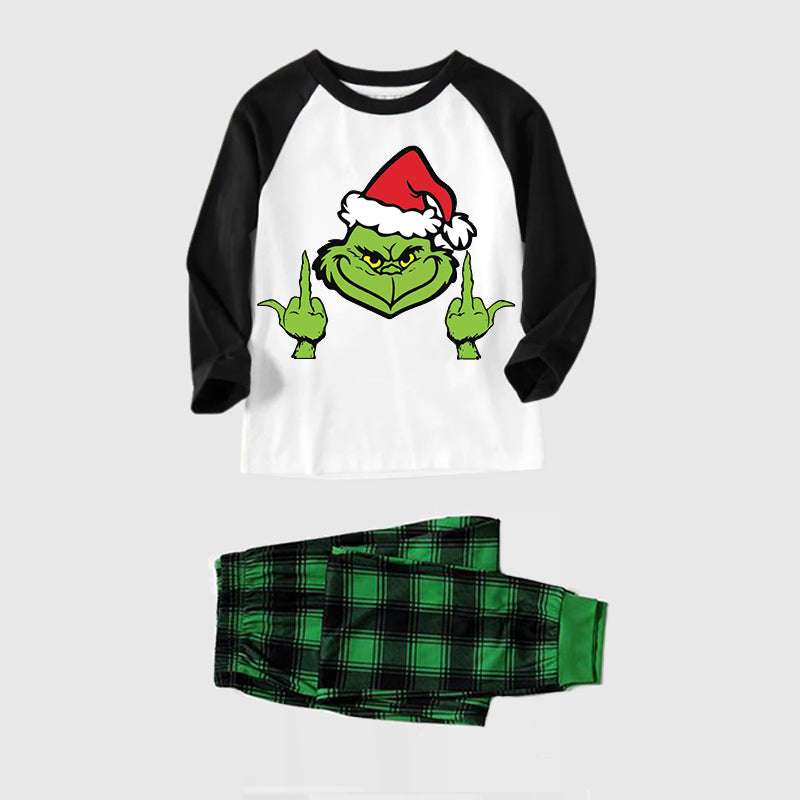 Christmas Hat Cartoon Print Splice Contrast Top and Black and Green Plaid Pants Family Matching Pajamas Sets