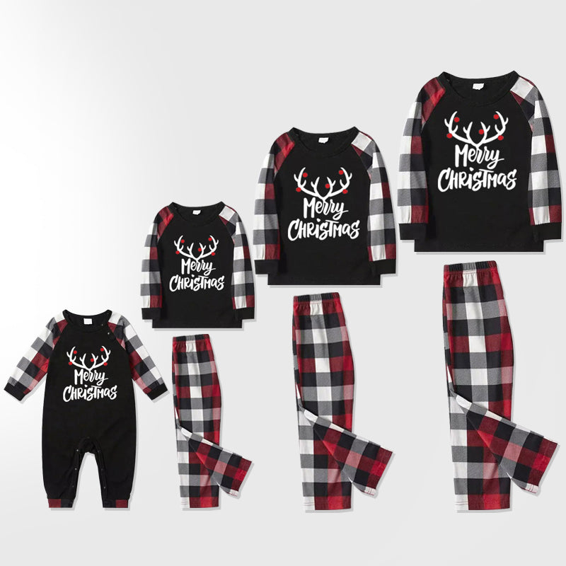 Christmas Matching Family Pajamas Letter Print Black White Plaids Pajamas Set 2023
