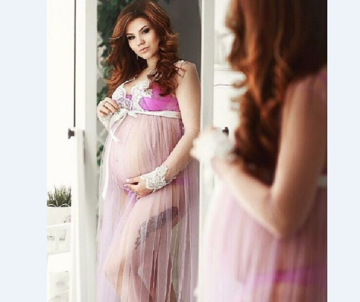 Maternity Long Sleeve  Lace Chiffon  Gown for Photoshoot