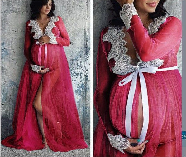 Maternity Long Sleeve  Lace Chiffon  Gown for Photoshoot