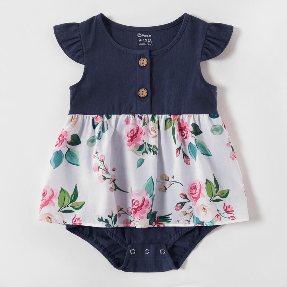 Patchwork Floral Print Matching Dresses for Mommy and Me in Dark Blue