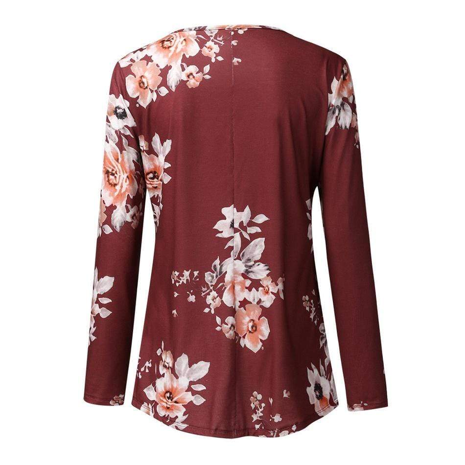 Fashionable Floral Print Round Neck Long-sleeve Nursing Tee