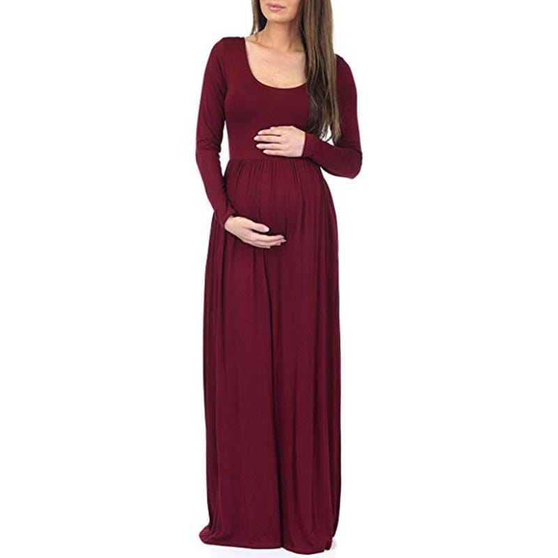 Maternity Round collar Plain Maxi Slip Long-sleeve Dress
