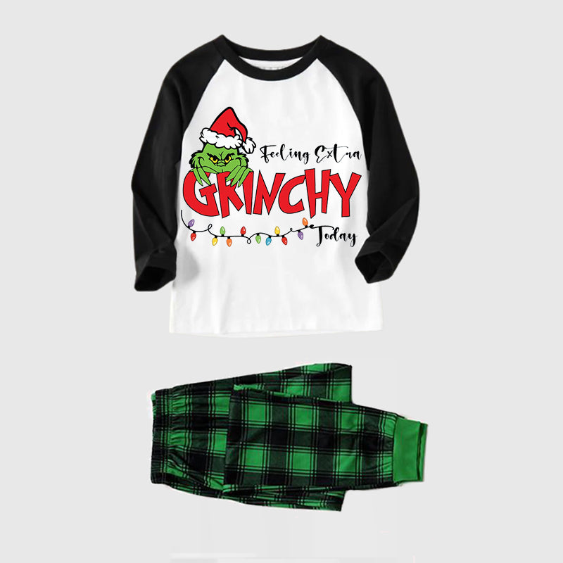 Christmas Hat Cartoon And Letter Print Splice Contrast Top and Black and Green Plaid Pants Family Matching Pajamas Sets