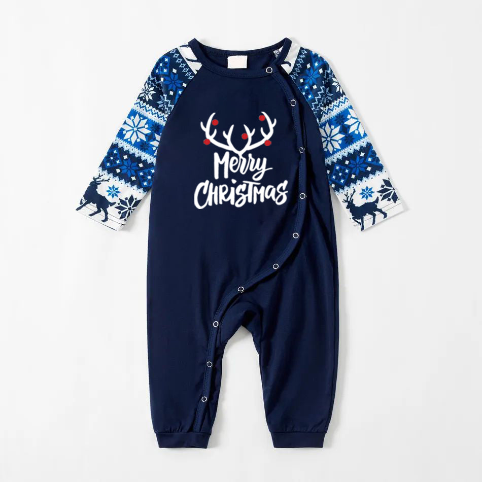 Christmas Family Matching Pajamas Sets Christmas Antlers and Letter Print Top and Blue Cartoon Print Pants