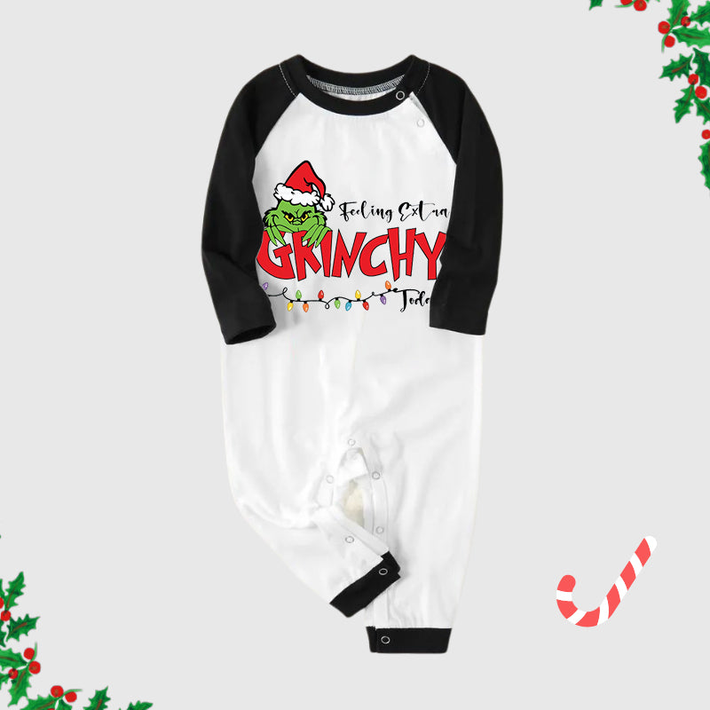 Christmas Hat Cartoon And Letter Print Splice Contrast Top and Black and Green Plaid Pants Family Matching Pajamas Sets