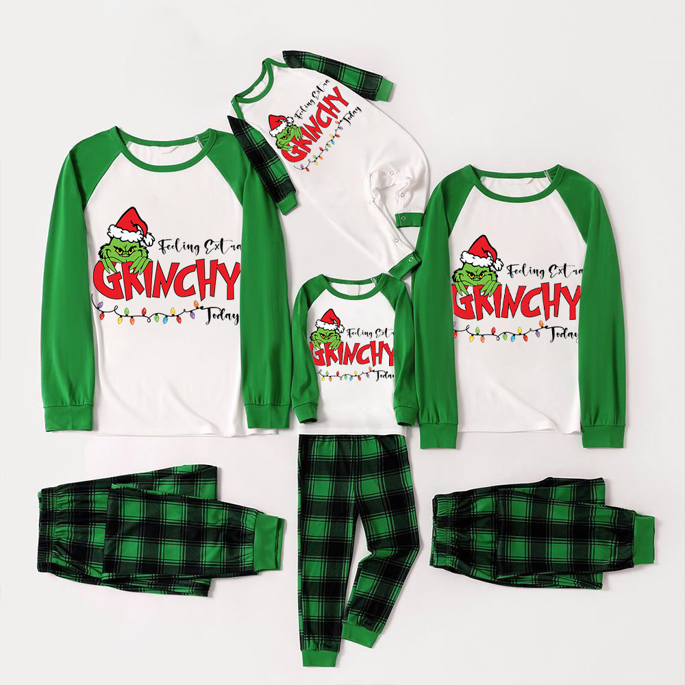 Christmas Hat Cartoon And Letter Print Family Matching Raglan Long-sleeve Pajamas Sets