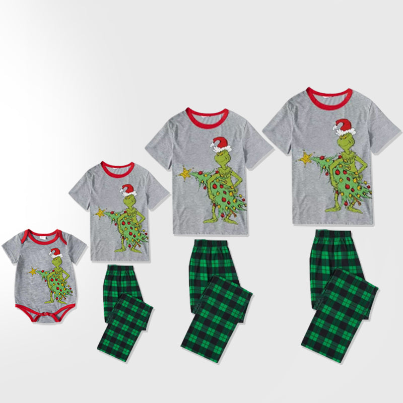 Christmas Cartoon and Tree Print Family Matching Raglan Short-sleeve Top and Plaid Pants Pajamas Sets