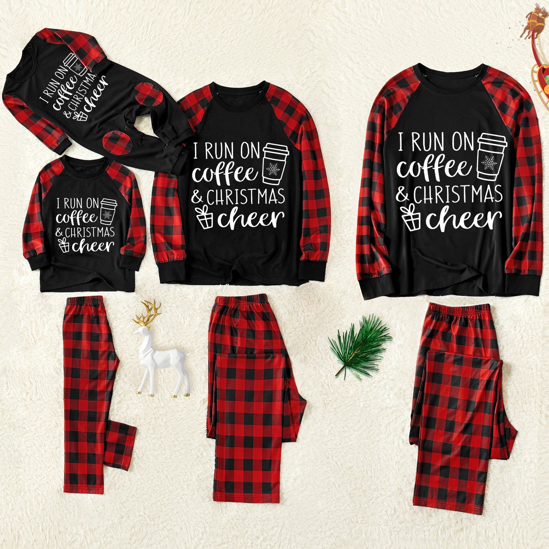 'I Run on Coffee & Christmas Cheer' Letter Print Coffee cup & Gift Patterned  Contrast Black top and Black & Red Plaid Pants Family Matching Pajamas Set With Dog Bandana