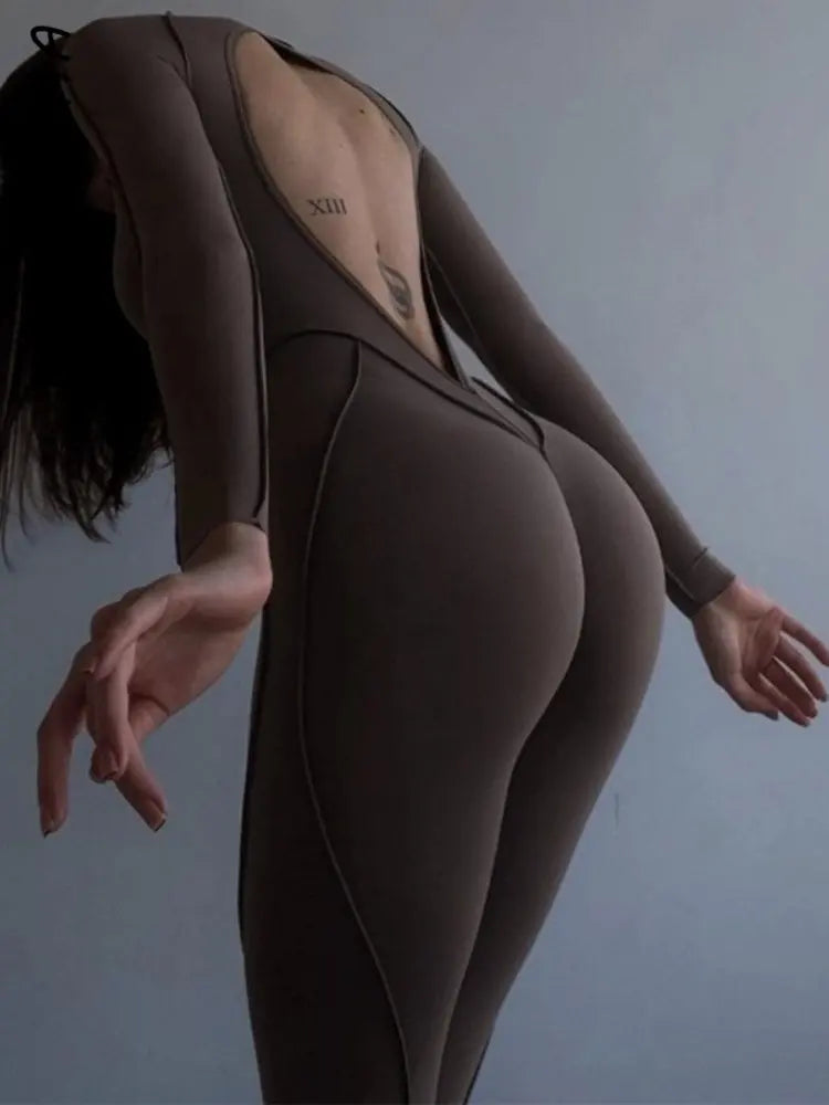 Stitch Backless Long Sleeve Bodycon Jumpsuit Sports One Piece Outfits