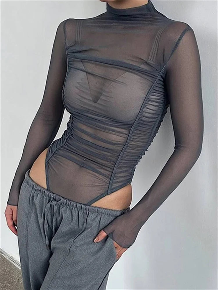 Long Sleeve Bodysuits Ruched Solid Mesh See-Through High Neck