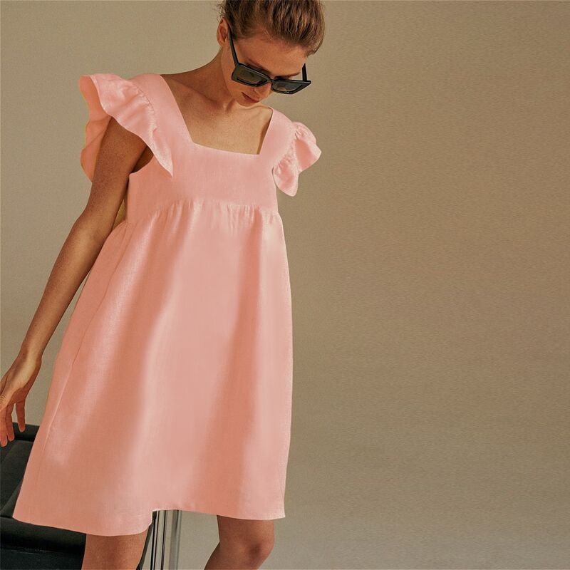 Dress Solid Color Butterfly Sleeve Casual Square Collar Mini Dress High Waist Halter Sweet Beauty Loose Linen Summer 2021
