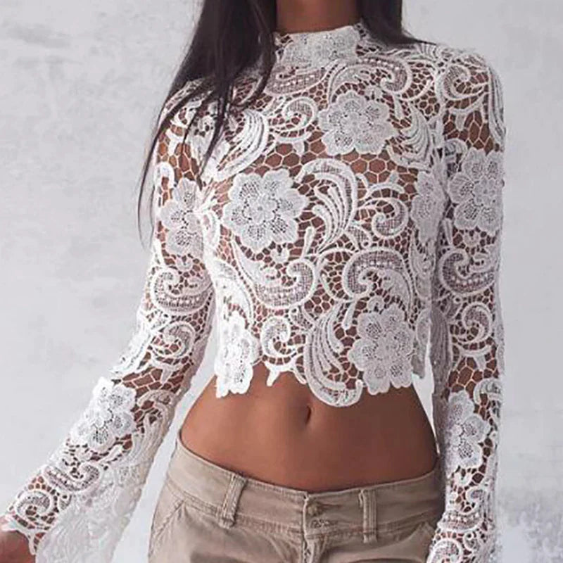 Elegant White Lace blouses See Through Long Sleeve Crochet Short Tops