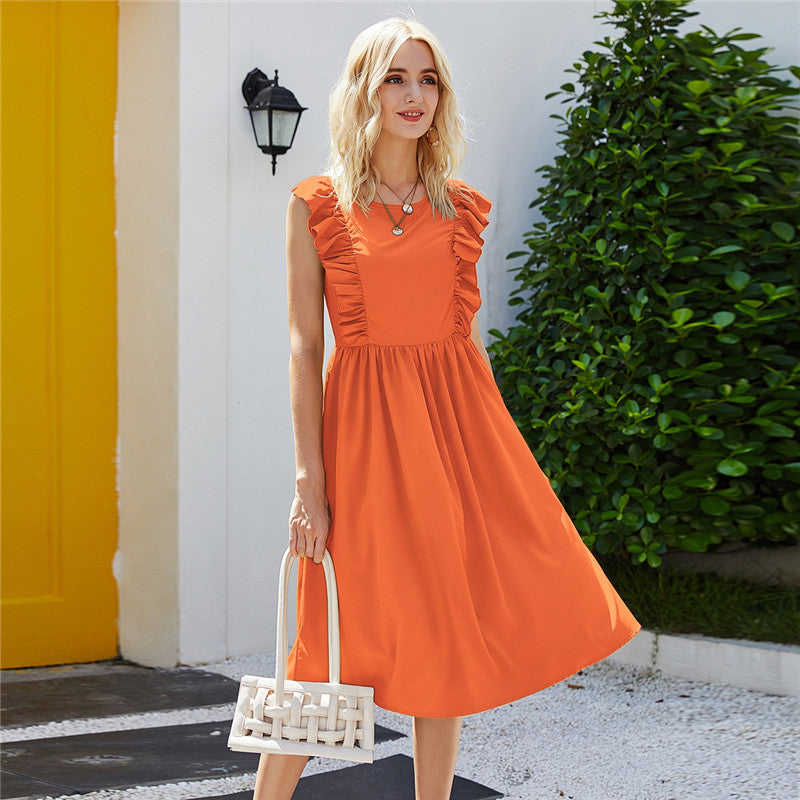 Fashion Yellow Ruffled A-line Ladies Retro Solid Color O-neck Sleeveless Summer Dress
