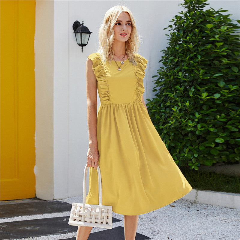Fashion Yellow Ruffled A-line Ladies Retro Solid Color O-neck Sleeveless Summer Dress