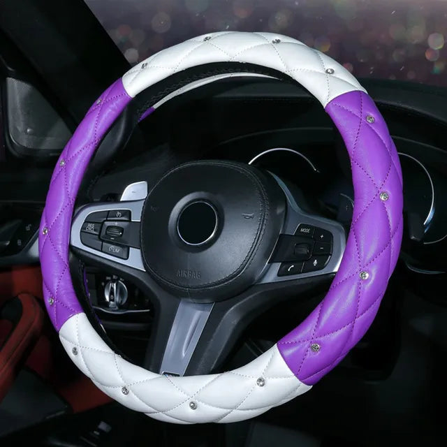Four Seasons Universal Car Steering Wheel Cover 37-38cm Leather Embroidered Color Diamond-Studded Elastic Steering Wheel Cover