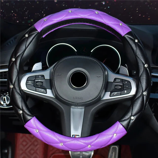 Four Seasons Universal Car Steering Wheel Cover 37-38cm Leather Embroidered Color Diamond-Studded Elastic Steering Wheel Cover