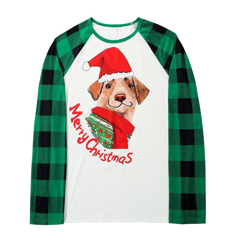 Christmas Dog Print Top and Green Plaid Pants Family Matching Long-sleeve Pajamas Sets