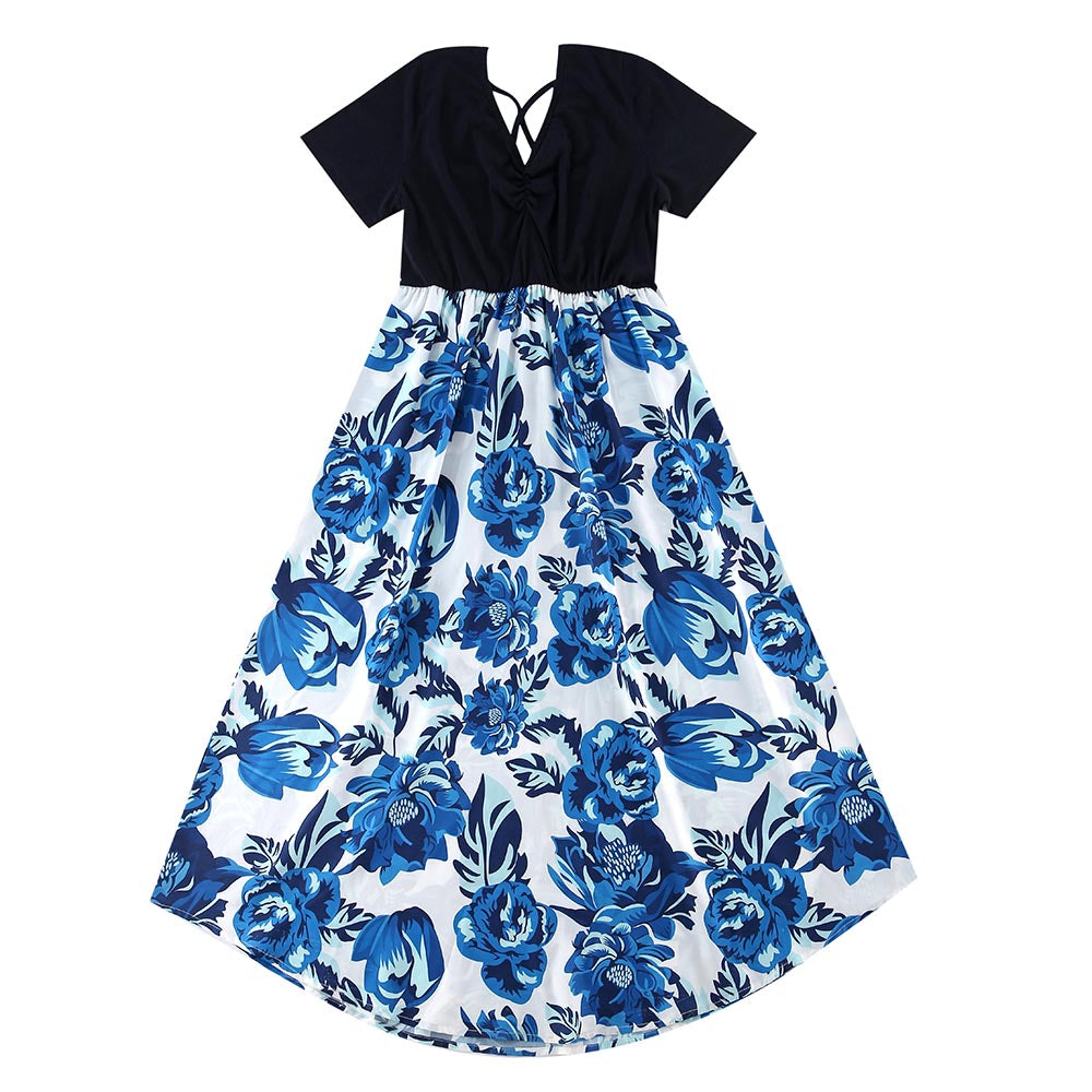 Blue Floral Print Matching Midi Family Mtching Dresses & Tshirts