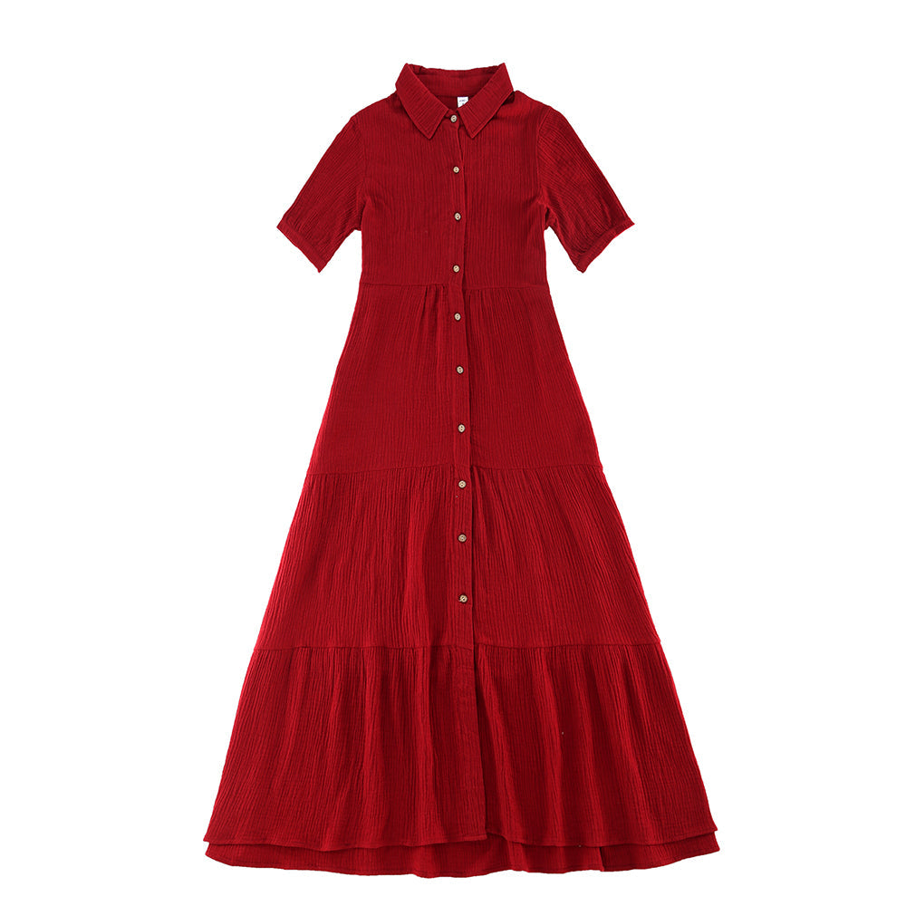 Family Matching Solid Textured Flutter-sleeve Button Up Dresses and Short-sleeve T-shirts Sets