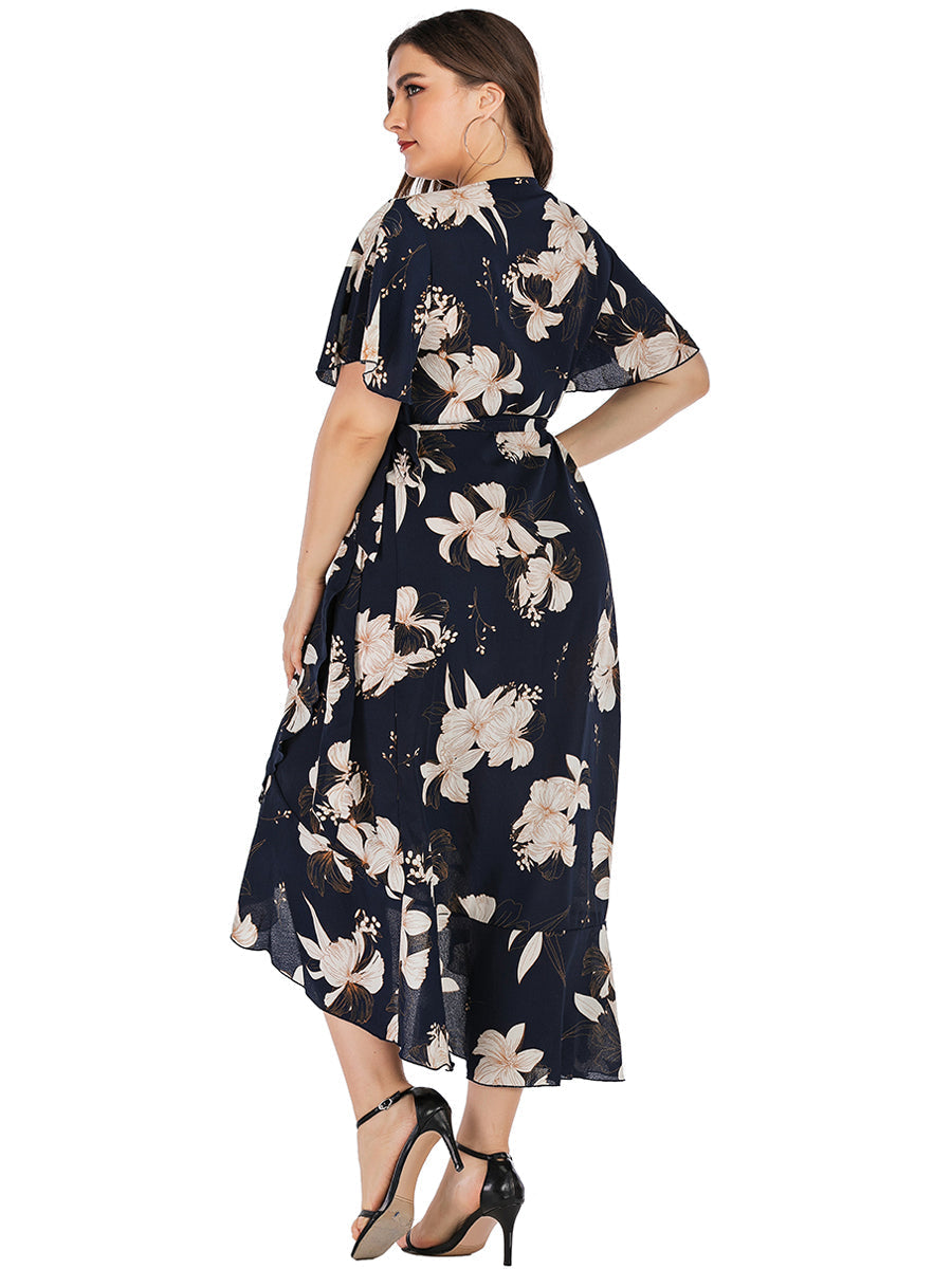 Women's Bohemian Beach Short Sleeve Floral Print Ruffled Wrap Dress