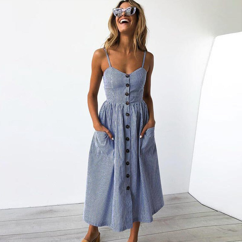 Vintage Casual Button Backless Polka Dot Striped Maxi Dress