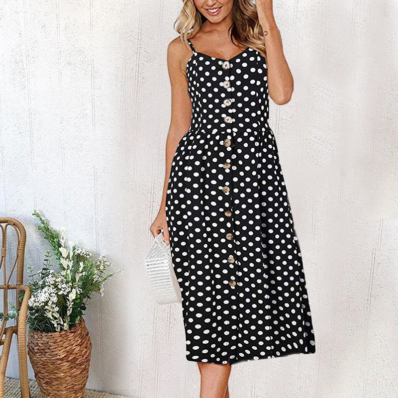 Vintage Casual Button Backless Polka Dot Striped Maxi Dress