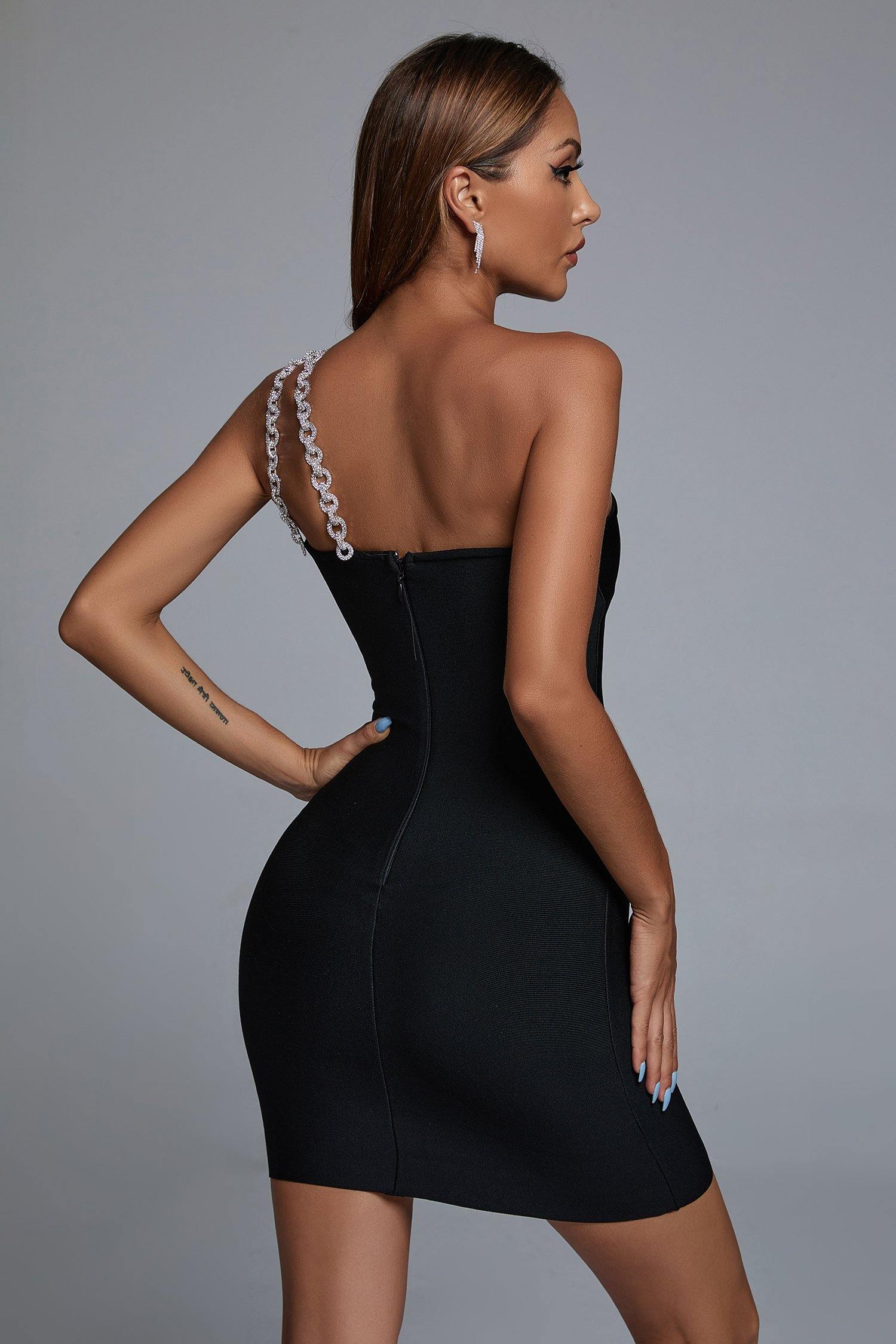 One Shoulder Sleeveless Cut Out Chain Mini Cocktail Dress