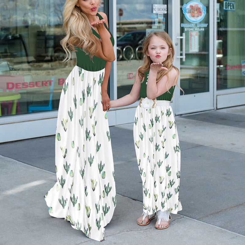 Cactus Print splicing Mommy and Me Maxi Sleeveless Dress