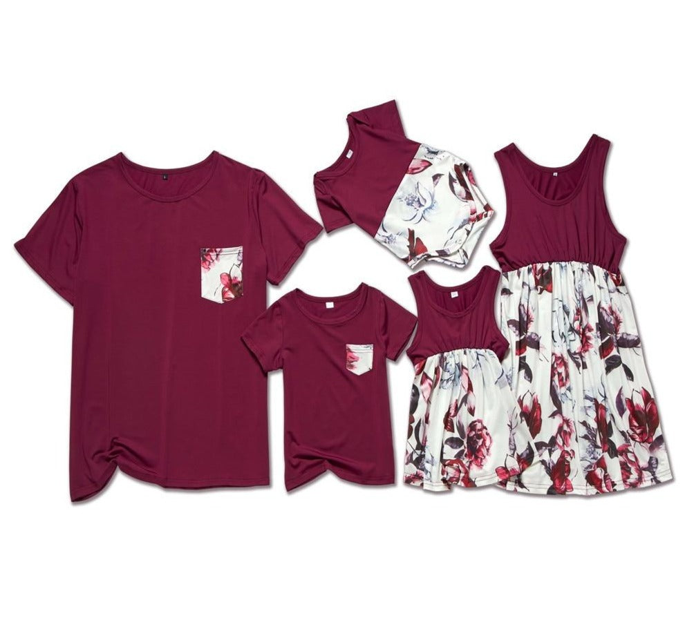 Wine Floral Printed Summer Family Matching Sets