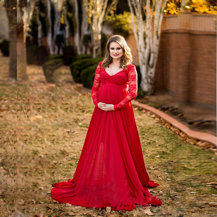 Maternity V-neck Long-sleeves Lace Top Full-length Chiffon Dress for Photoshoot