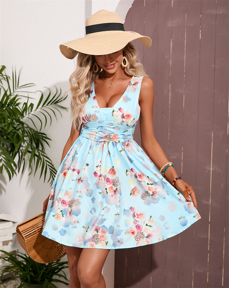Women Summer Floral Print Backless Sleeveless Short Dress 102053