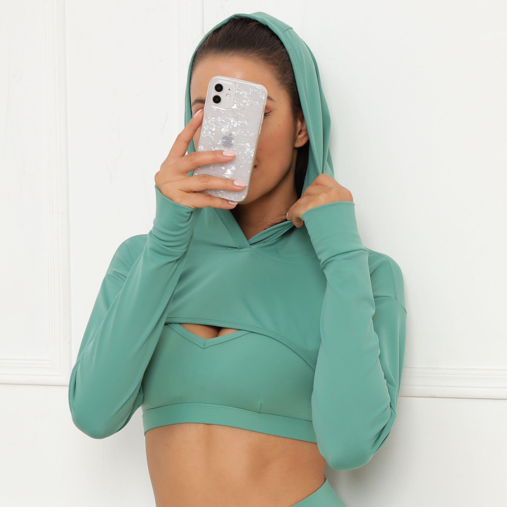 Women Solid Color Long Sleeve Hoodie Short Yoga Top Fitness Sports Sweatshirt QS2100