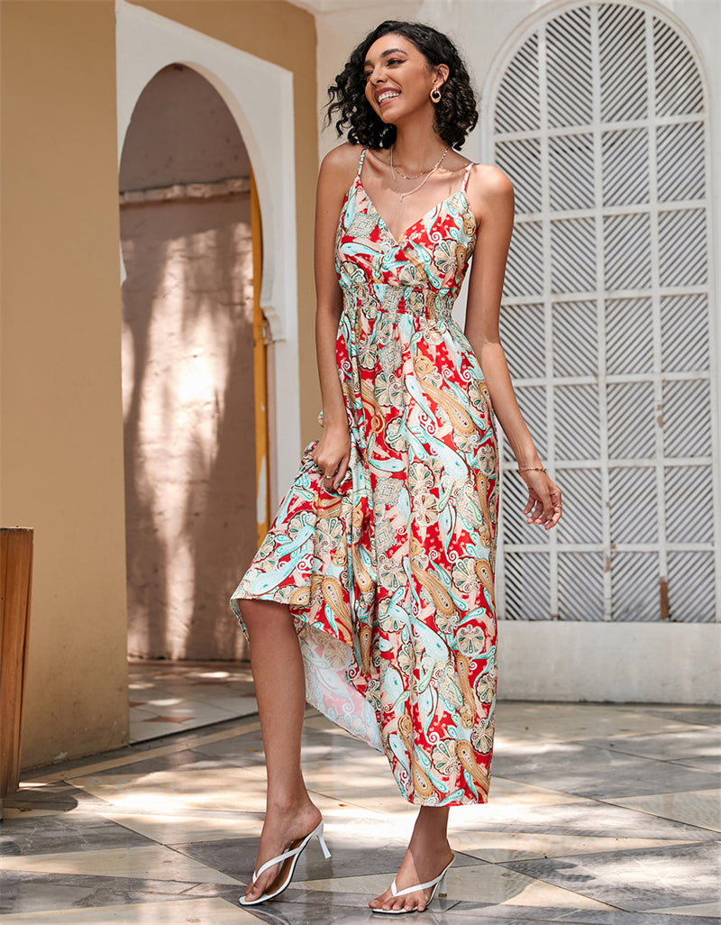Women Bohemian Print V-Neck Maxi Dress 101928