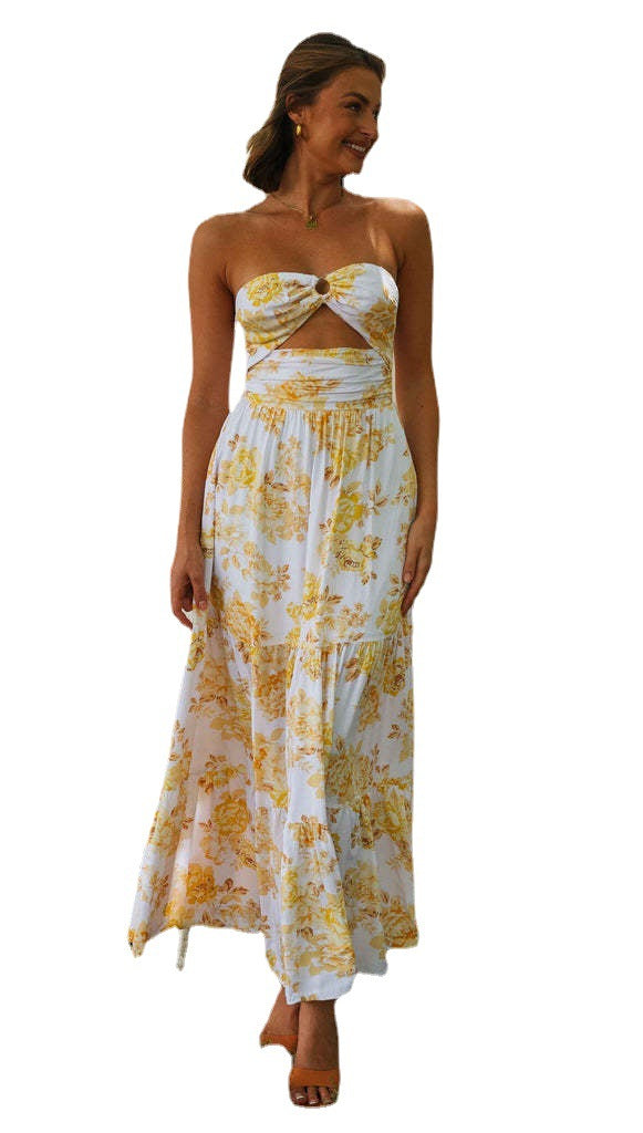 Women Yellow Printed Sleeveless Tube Top Beach Long Dress 1654