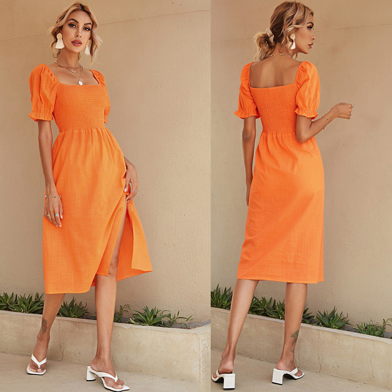 Women Orange Solid Color Square Neck Hem Slit Dress 1084