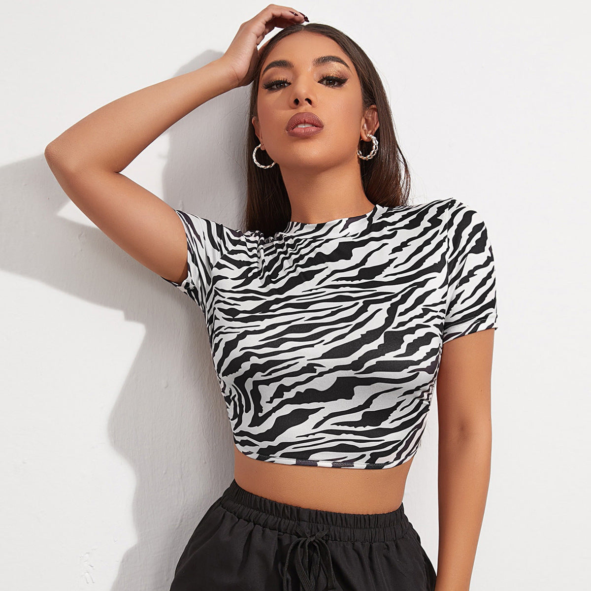 Women Sexy Zebra Printed Backless Lace-Up Short Sleeve Crop Top T-Shirt 8945