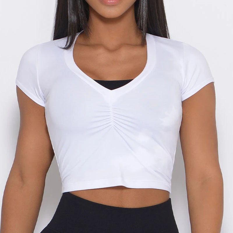 Women Tight V-Neck Crinkle Navel Short Sleeve Yoga T-Shirt Sports Fitness Running Top 71410