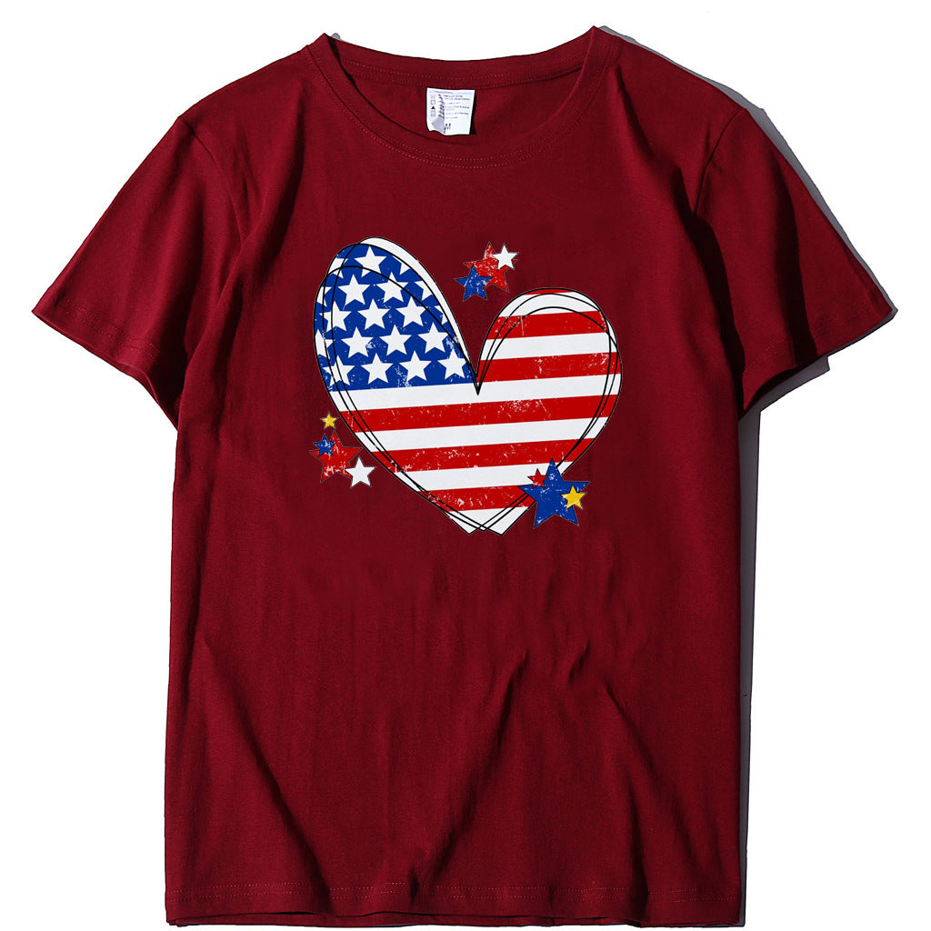 Women 4th of July Love Flag Print Round Neck Short Sleeve T-Shirt L8313-A33