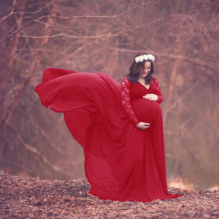 Maternity V-neck Long-sleeves Lace Top Full-length Chiffon Dress for Photoshoot