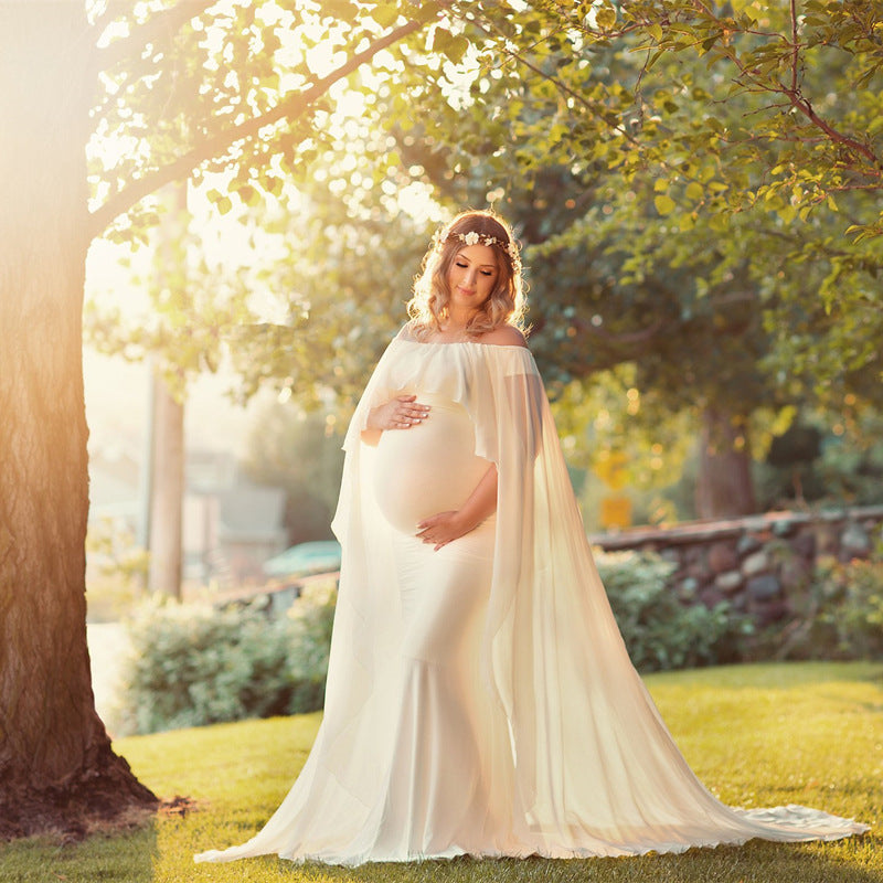 Maternity Off-shoulder Bodycon Dress  with Chiffon Shawl for Photoshoot