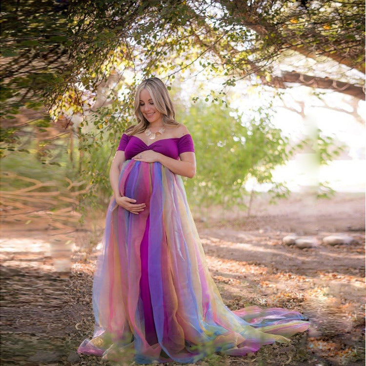 Maternity Off-shoulder Rainbow Chiffon Full-length Dress for Photoshoot