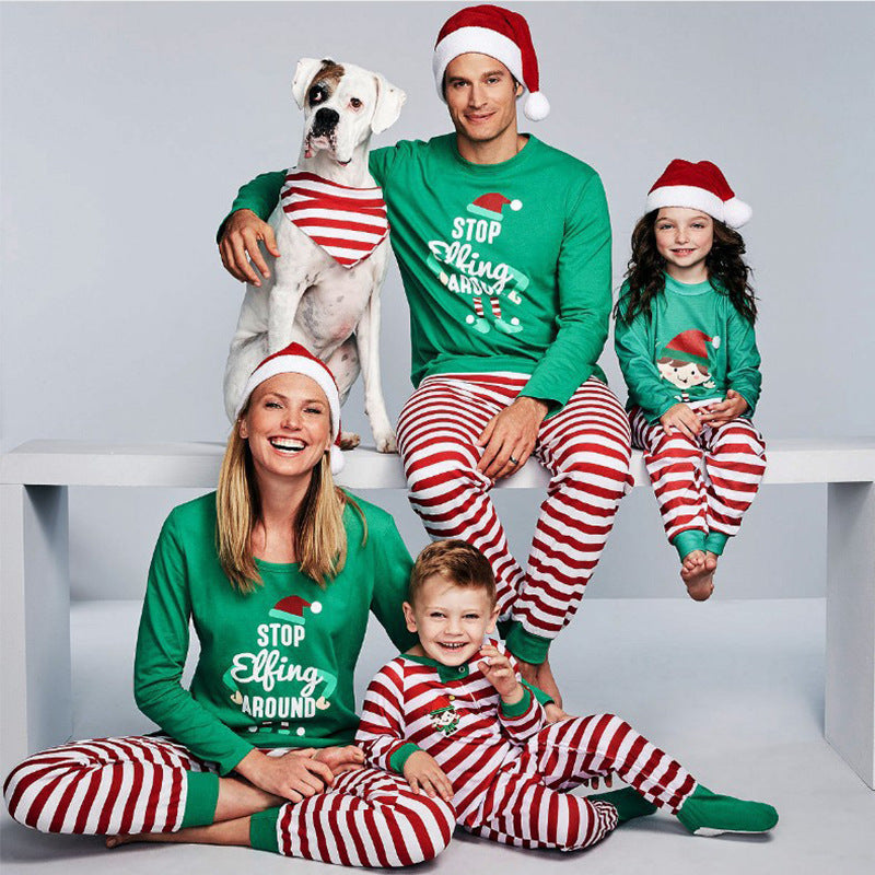 Christmas Hat Cartoon Letter Print Green Family Pajamas with Striped Pants 201001