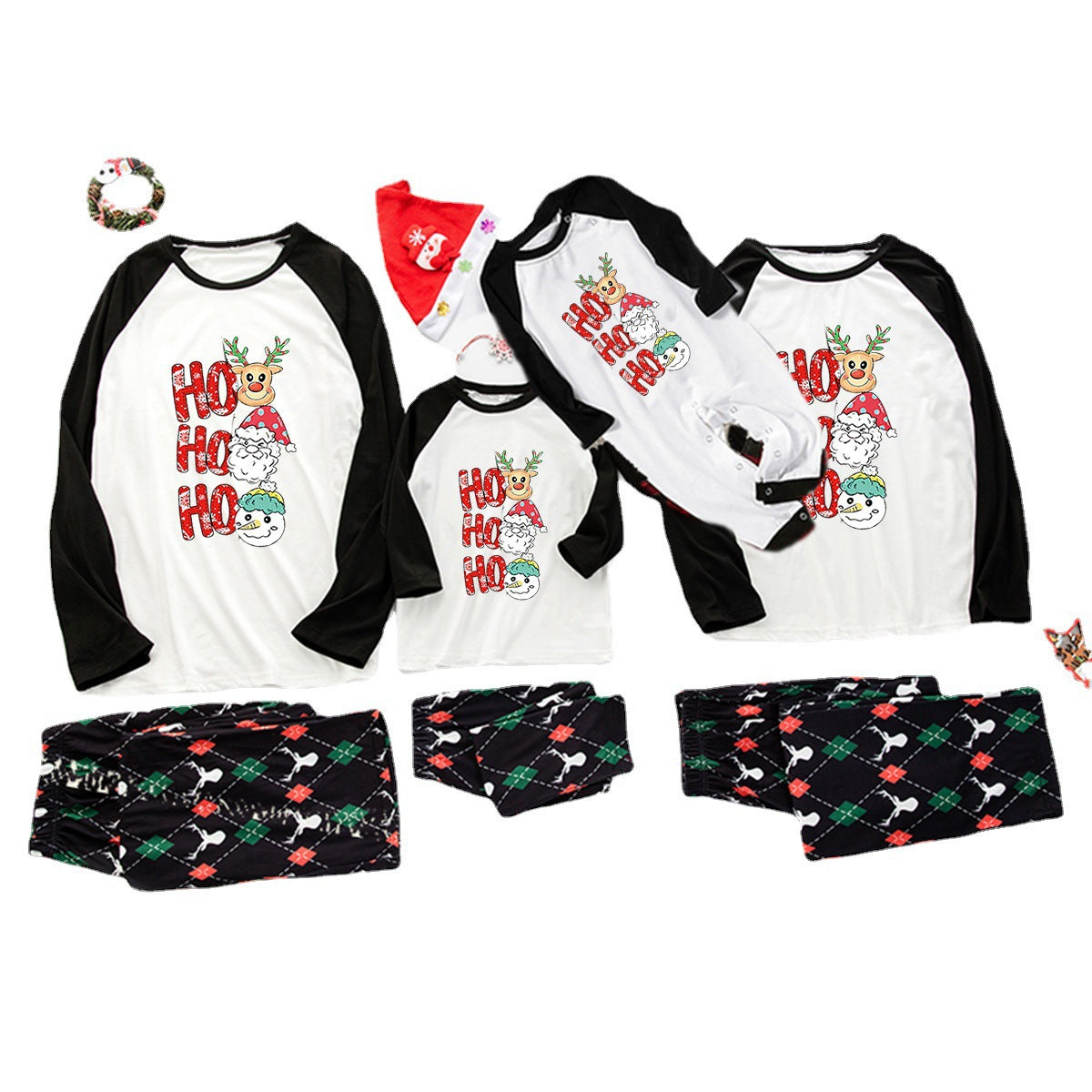 Christmas 'HO HO HO' Cartoon Print Black&White Raglan Long Sleeve Pajamas JJFB07-865
