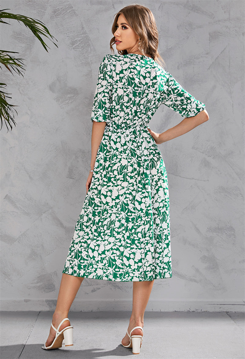 Women Floral Print V-Neck Waist-Up Half Sleeve Dress 107990