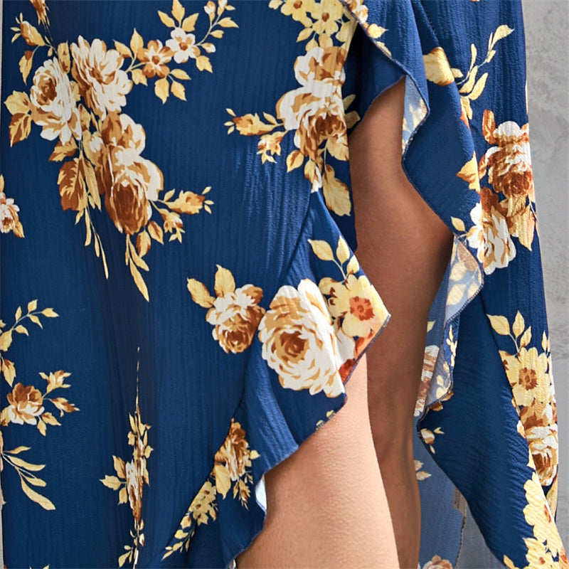 Women Sexy Floral Print Irregular Split Sling Blue Dress 102022