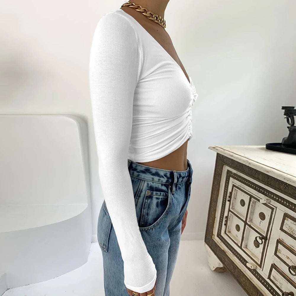 Women V-Neck Long Sleeve Crop Top with Drawstring ZY21806