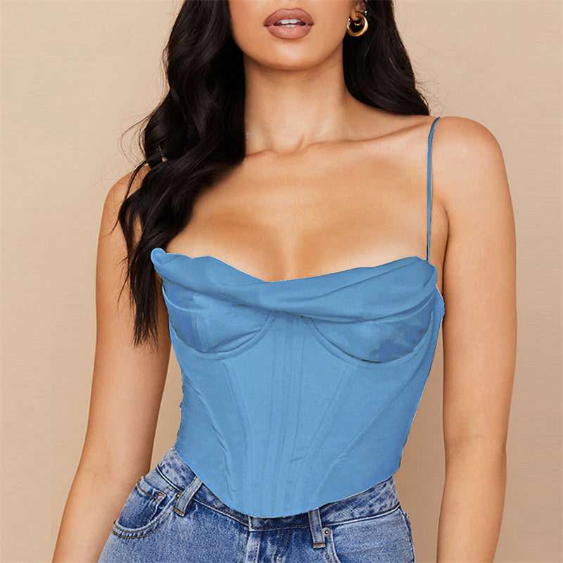 Women Pile Collar Pleated Satin Camisole Tops SUM3971A