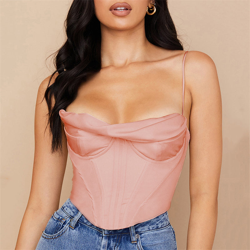 Women Pile Collar Pleated Satin Camisole Tops SUM3971A